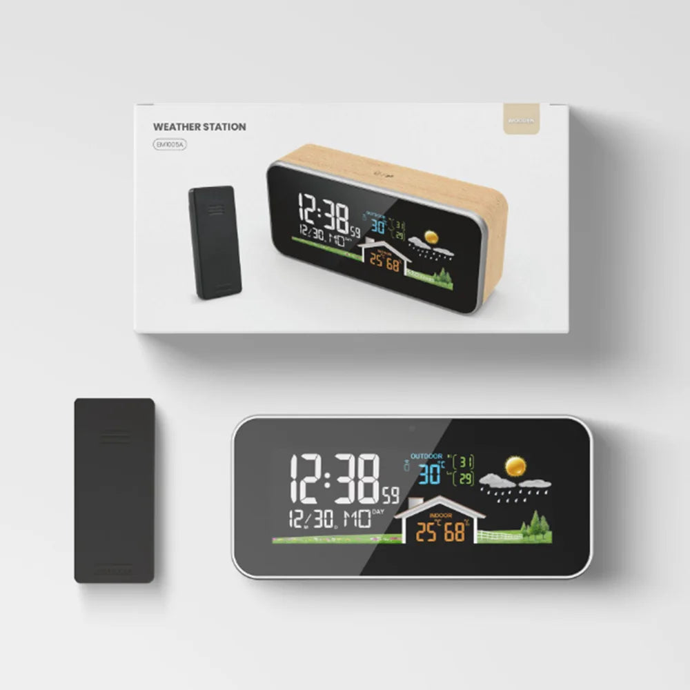 Réveil Bois avec Météo, Température Intérieure/Extérieure et Écran Couleur