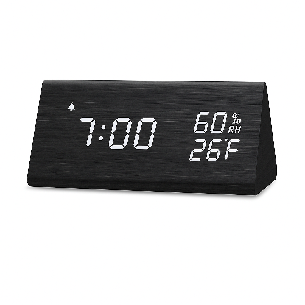 Réveil Bois Triangulaire LED - Design Moderne & Fonction Température