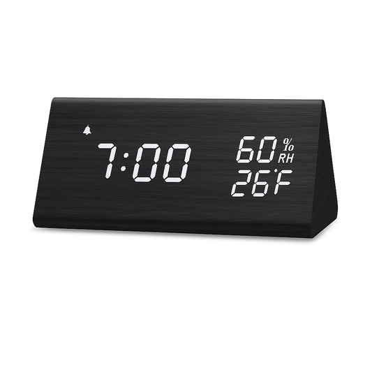 Réveil Bois Triangulaire LED - Design Moderne & Fonction Température