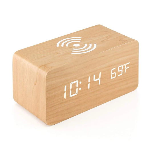 Réveil Connecté en Bois avec Chargeur Sans Fil – Affichage LED Heure, Date, Température