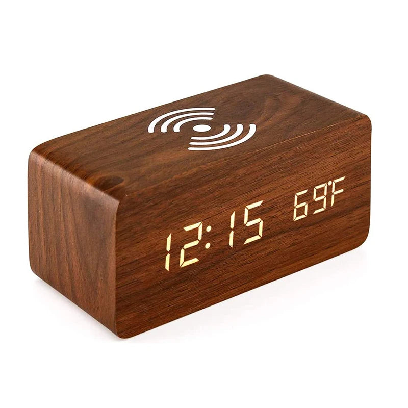 Réveil Connecté en Bois avec Chargeur Sans Fil – Affichage LED Heure, Date, Température