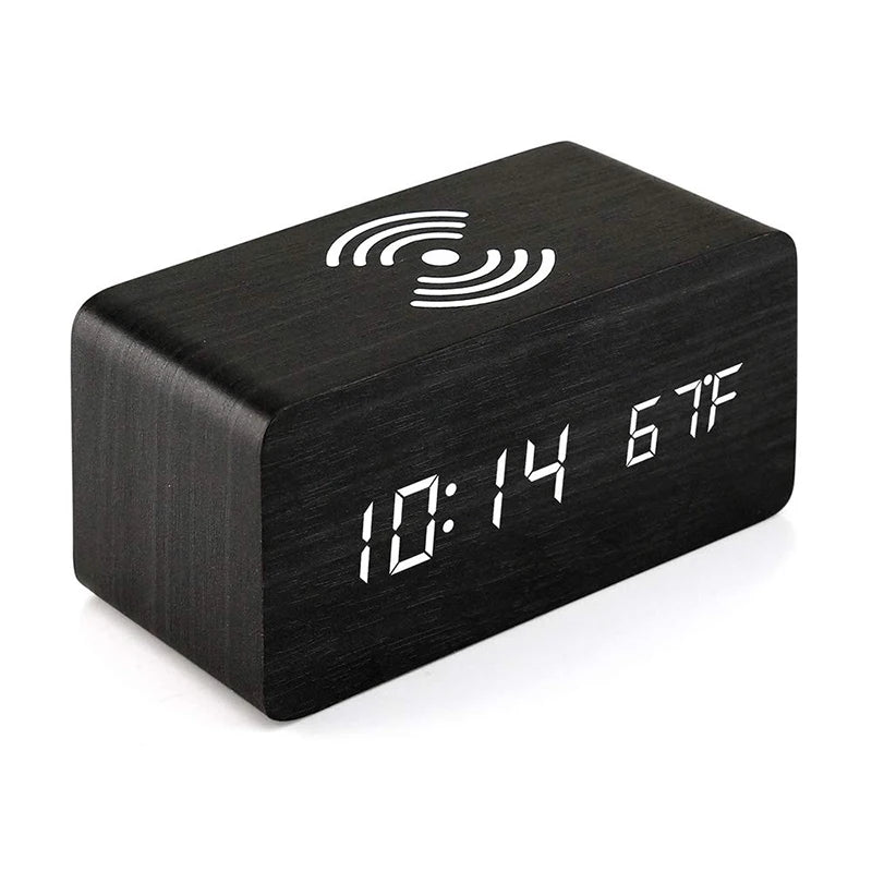 Réveil Connecté en Bois avec Chargeur Sans Fil – Affichage LED Heure, Date, Température