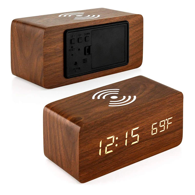 Réveil Connecté en Bois avec Chargeur Sans Fil – Affichage LED Heure, Date, Température