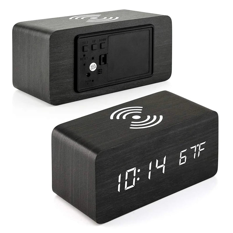 Réveil Connecté en Bois avec Chargeur Sans Fil – Affichage LED Heure, Date, Température