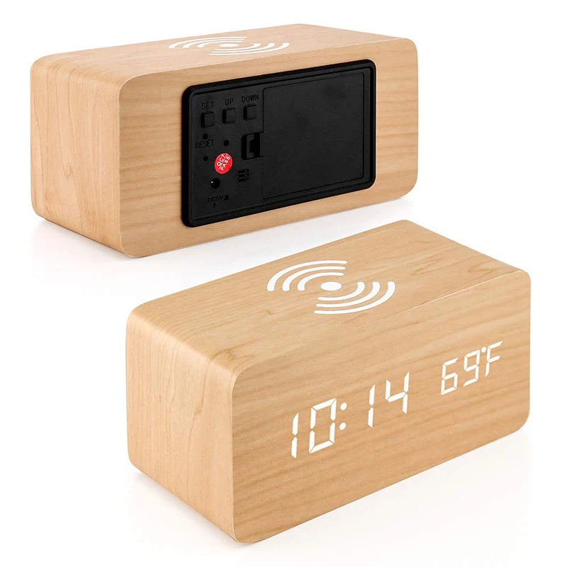 Réveil Connecté en Bois avec Chargeur Sans Fil – Affichage LED Heure, Date, Température