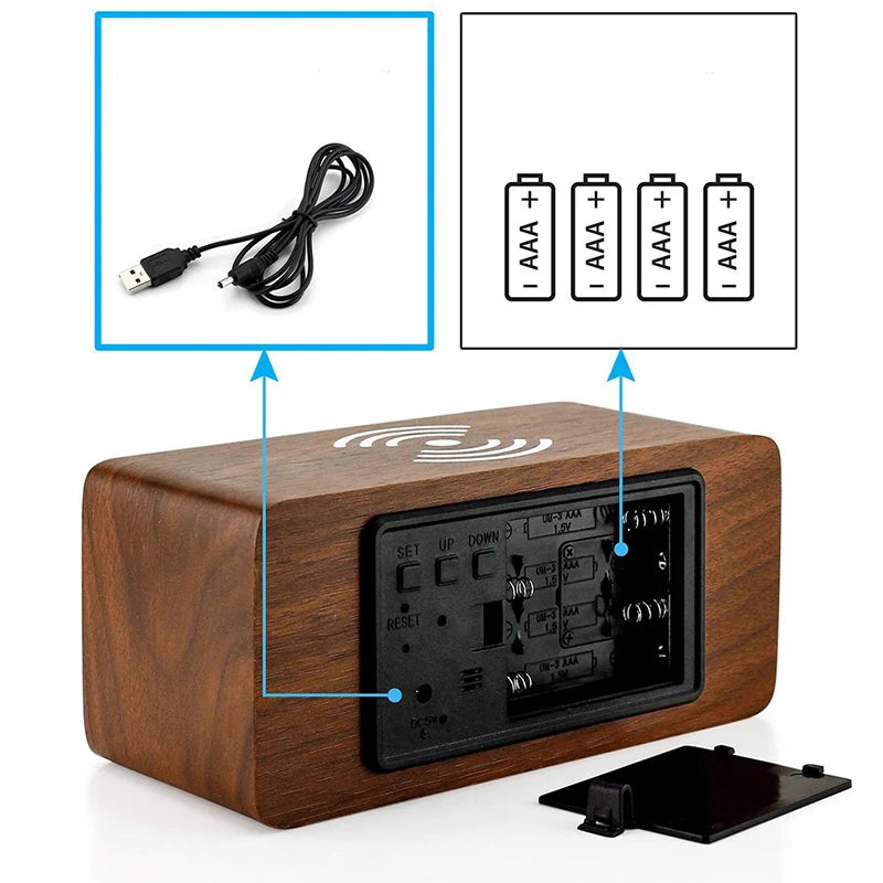 Réveil Connecté en Bois avec Chargeur Sans Fil – Affichage LED Heure, Date, Température