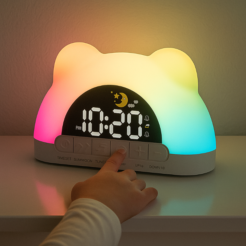 La main d'un enfant appuie sur un bouton du Doux Reveils Réveil Digital pour Enfant Coloré, un réveil en forme d'ours aux couleurs dégradées. L'écran affiche 10:20 et diverses icônes, sur une surface blanche contre un mur neutre.