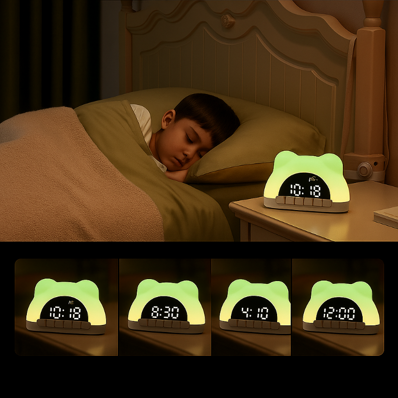 Un jeune enfant dort dans son lit à côté d'une table de nuit sur laquelle se trouve une Doux Reveils Réveil Digital pour Enfant Coloré. Ci-dessous, quatre images montrent la même horloge affichant différentes heures et des lumières colorées.