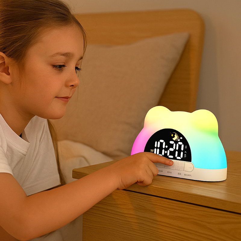 Une jeune fille en chemise blanche est assise sur un lit et touche le Doux Reveils Réveil Digital pour Enfant Coloré avec des lumières en forme d'ours sur une table de nuit en bois.