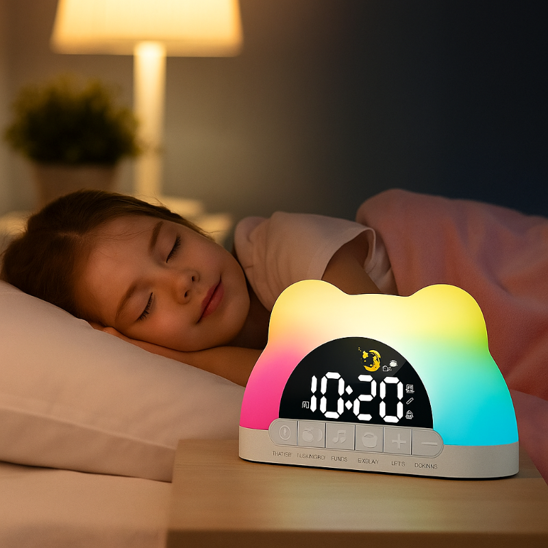 Un jeune enfant dort paisiblement à côté d'une table de nuit, où le Doux Reveils Réveil Digital pour Enfant Coloré en forme d'ours brille de multiples couleurs à 10:20. Une lampe et une plante viennent compléter cette scène douillette et doucement éclairée.