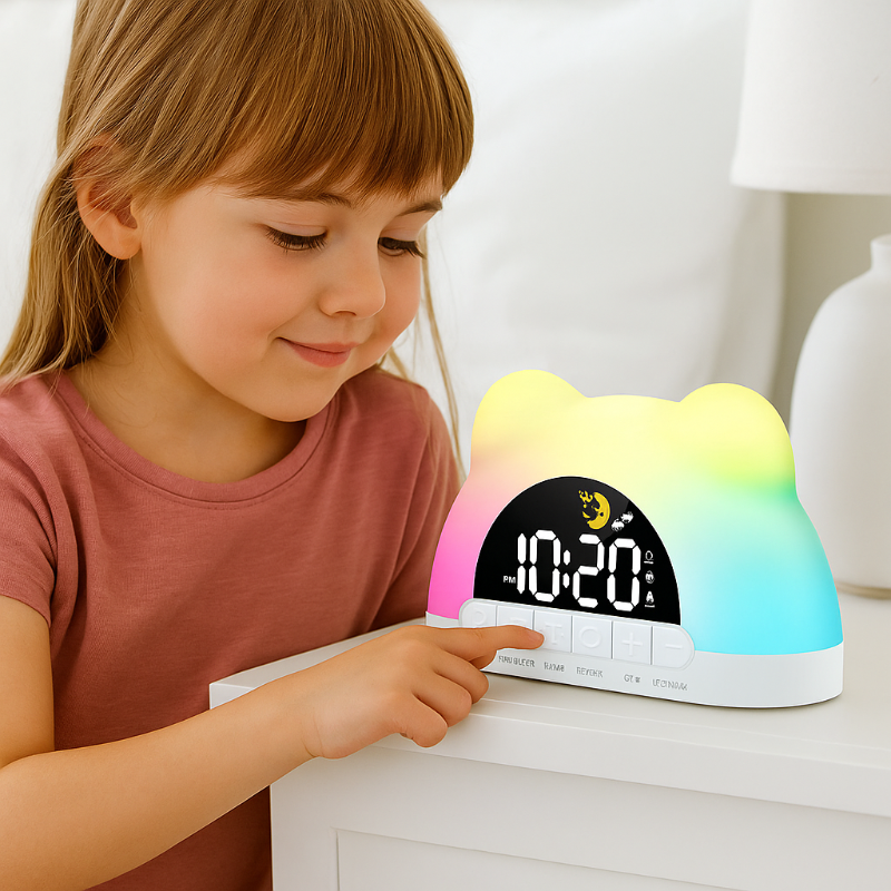 Une jeune fille vêtue d'une chemise rose sourit en appuyant sur un bouton du Réveil Digital pour Enfant Coloré de Doux Reveils, qui a la forme d'un ours et qui est posé sur une table de chevet blanche.