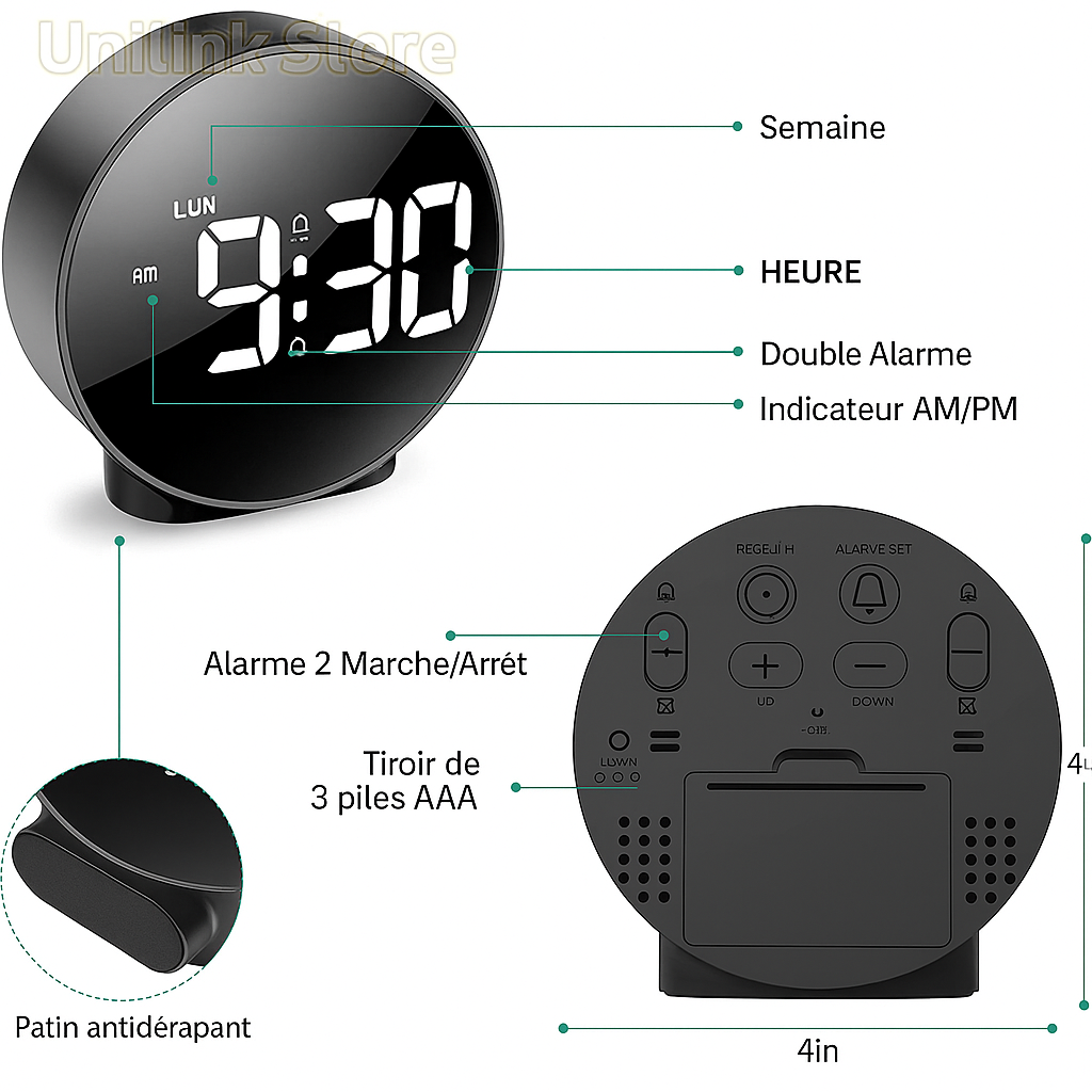Réveil Digital Rond à Miroir – Design Compact et Élégant