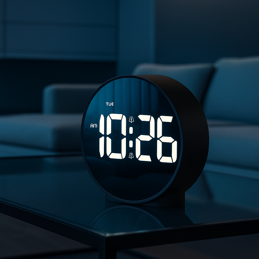 Réveil Digital Rond à Miroir – Design Compact et Élégant