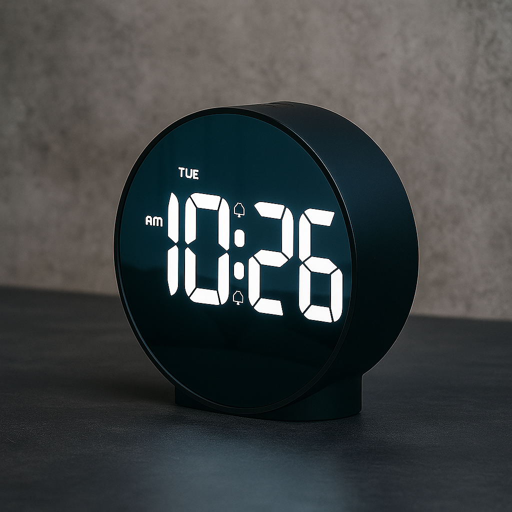 Réveil Digital Rond à Miroir – Design Compact et Élégant