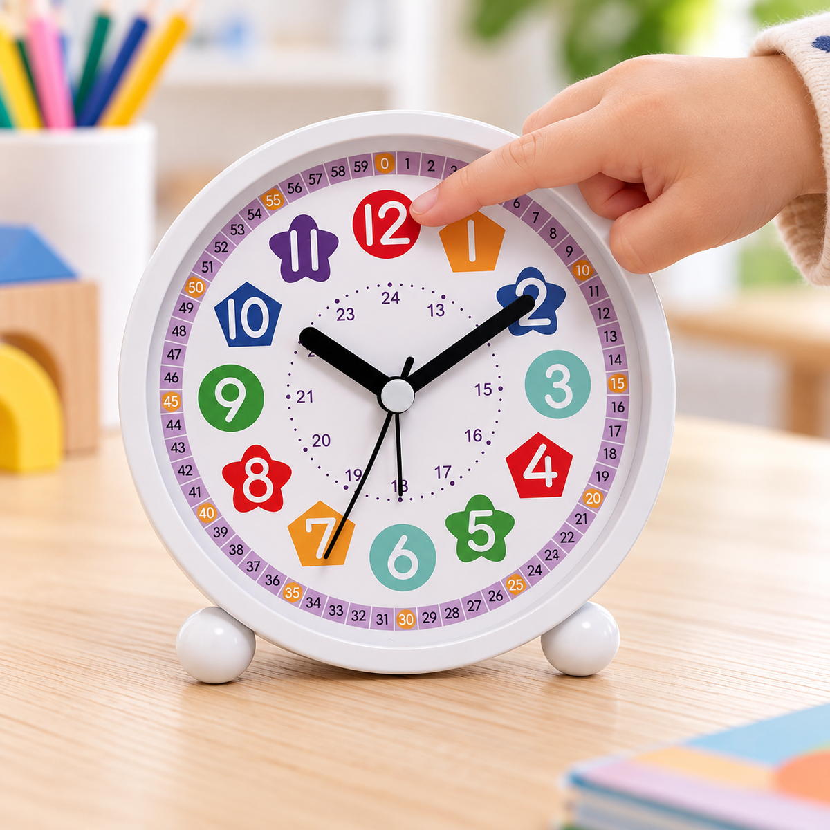 Main d'enfant montrant un chiffre sur le cadran du réveil éducatif Image