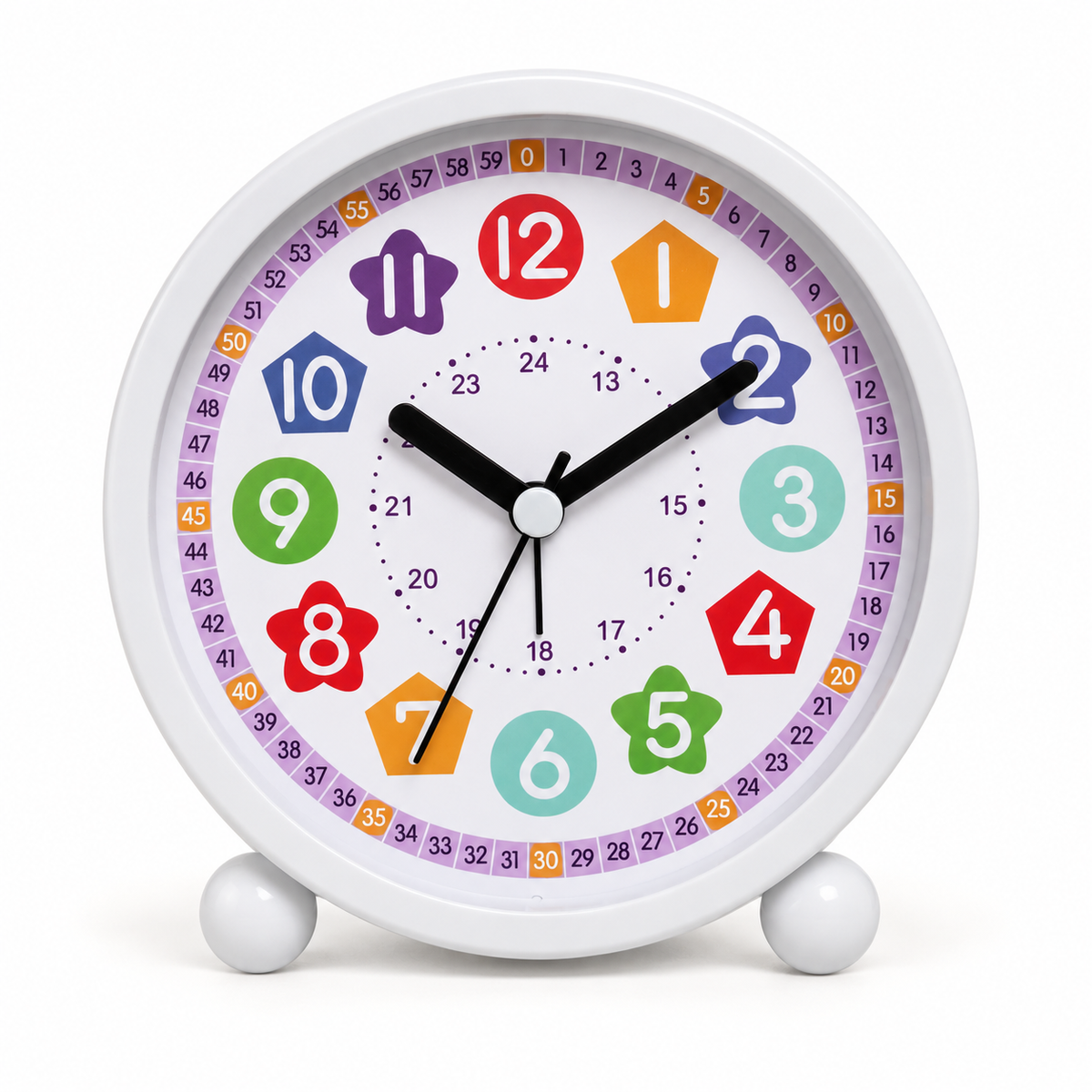 Réveil éducatif enfant blanc, cadran coloré avec heures et minutes, vue de face