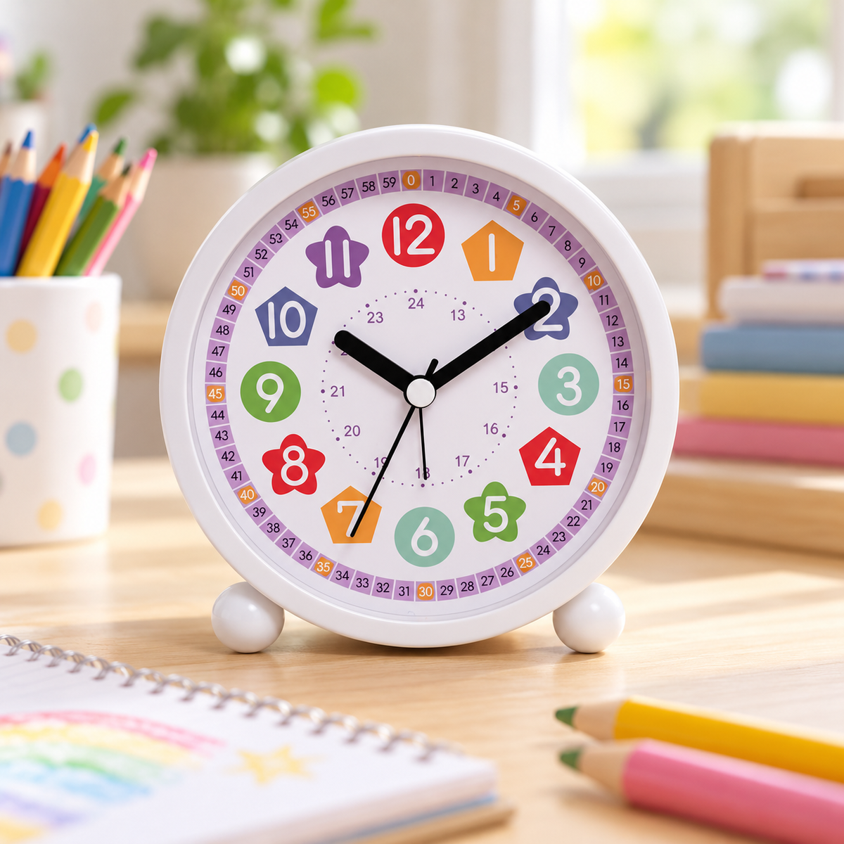 Réveil éducatif enfant sur un bureau avec crayons de couleur Image