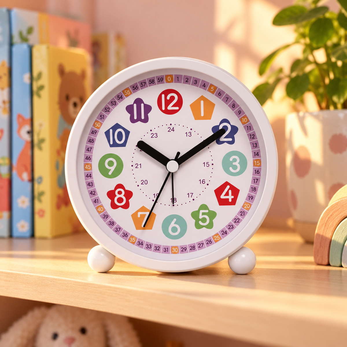 Réveil éducatif enfant sur une étagère avec livres et peluche Image