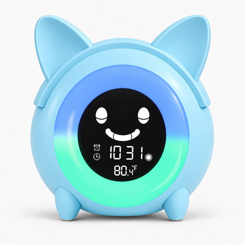 Réveil enfant jour nuit chat bleu, vue de face