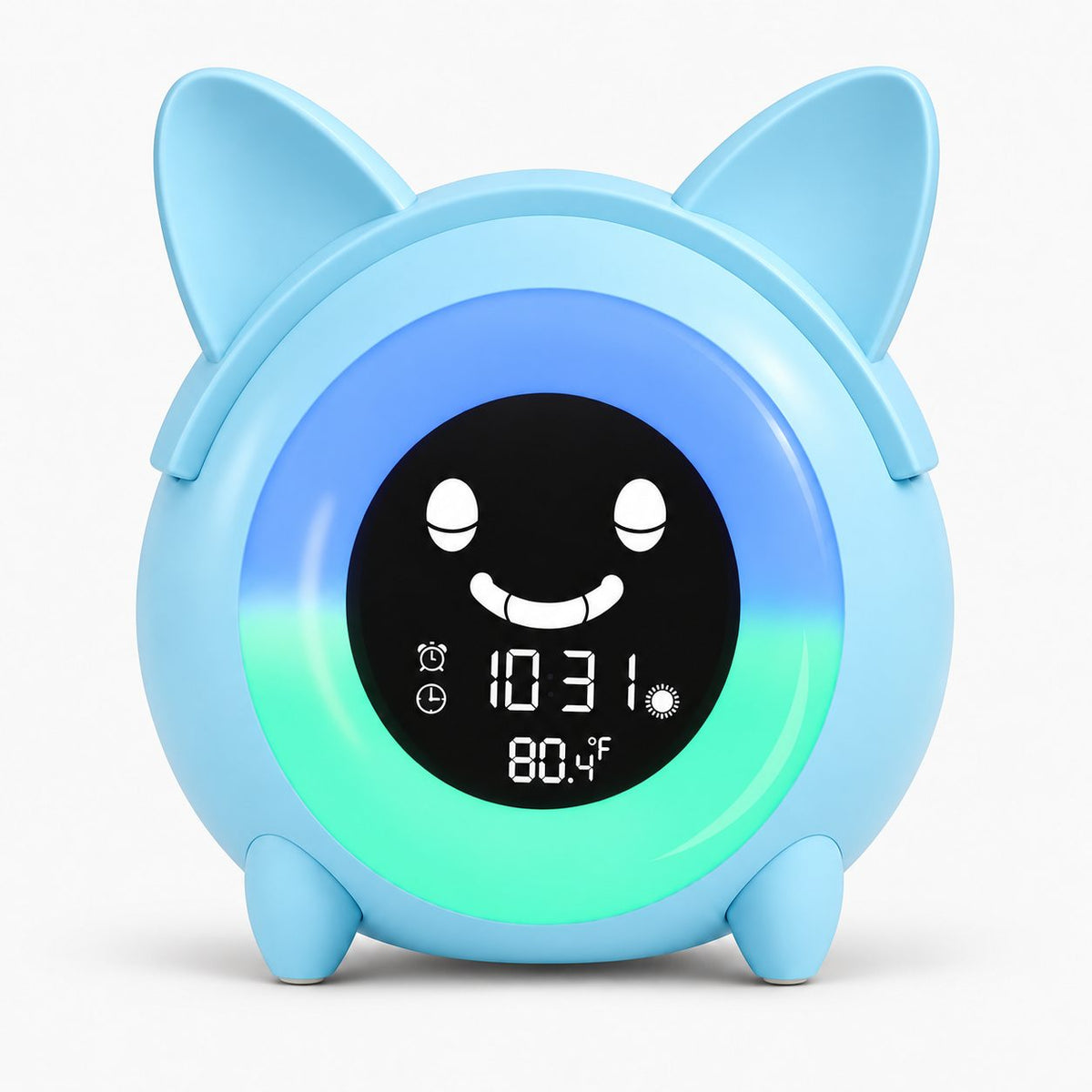 Réveil enfant jour nuit chat bleu, vue de face