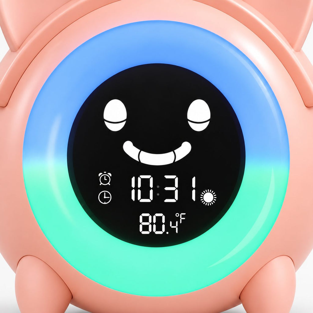 Écran LCD du réveil chat : visage souriant, heure et température