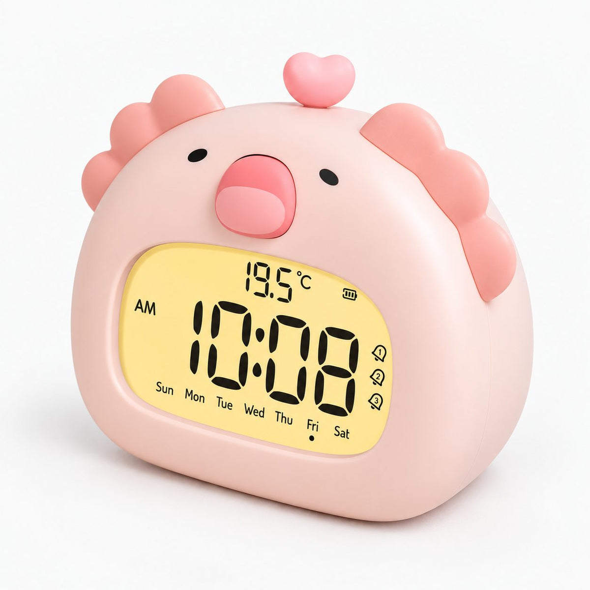 Réveil Enfant Axolotl – LED Digital et Température – Packshot trois quarts