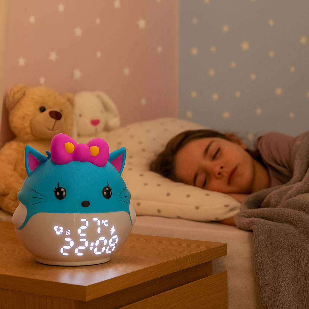 Réveil Enfant 7 ans – Chaton LED Bleu avec Affichage Digital et Thermomètre