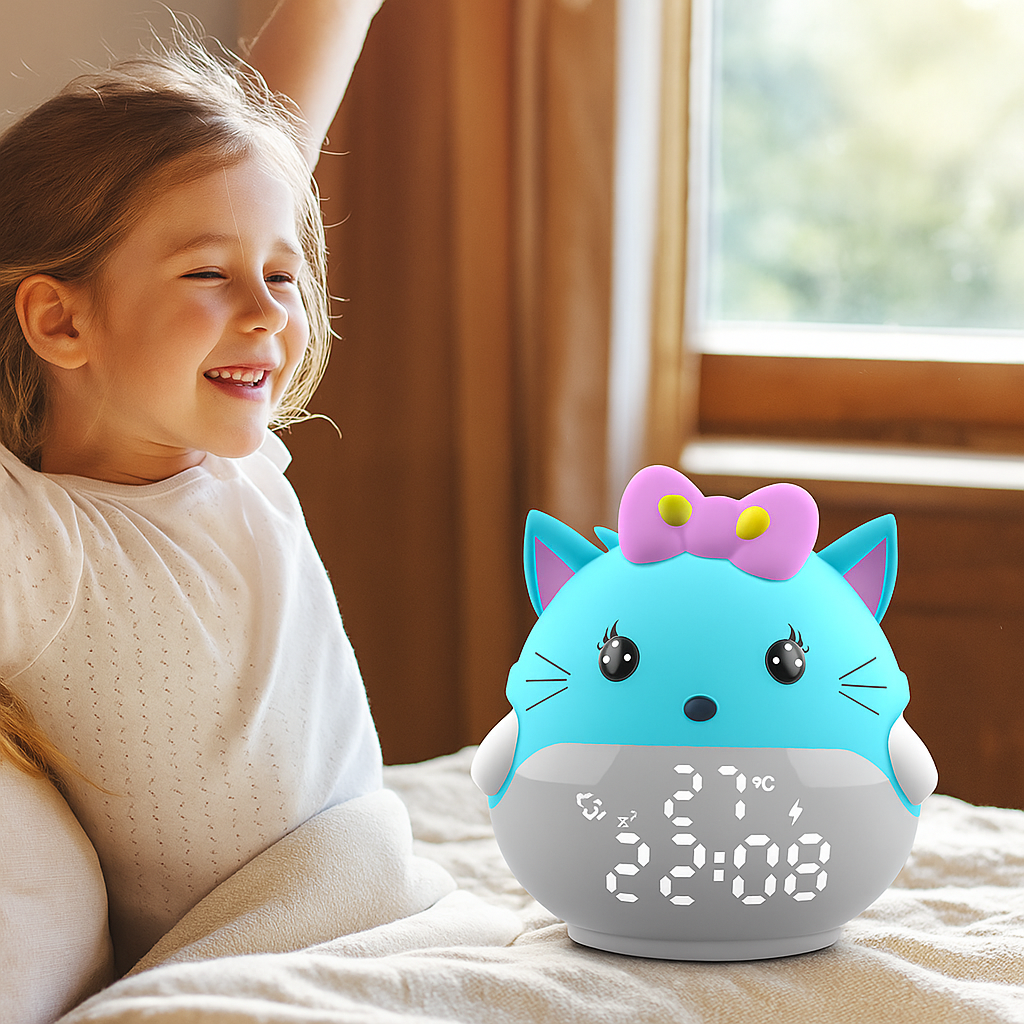 Réveil Enfant 7 ans – Chaton LED Bleu avec Affichage Digital et Thermomètre