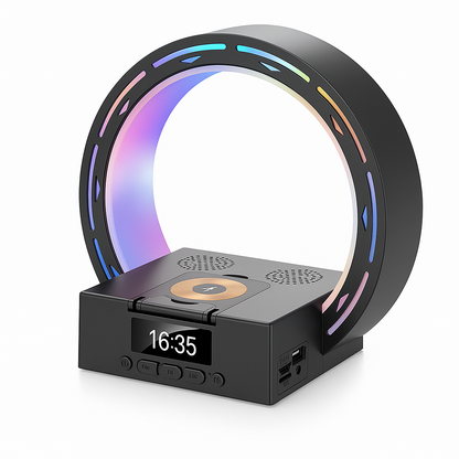 Réveil Lampe de Chevet LED Anneau RGB avec Chargeur Sans Fil et Radio FM