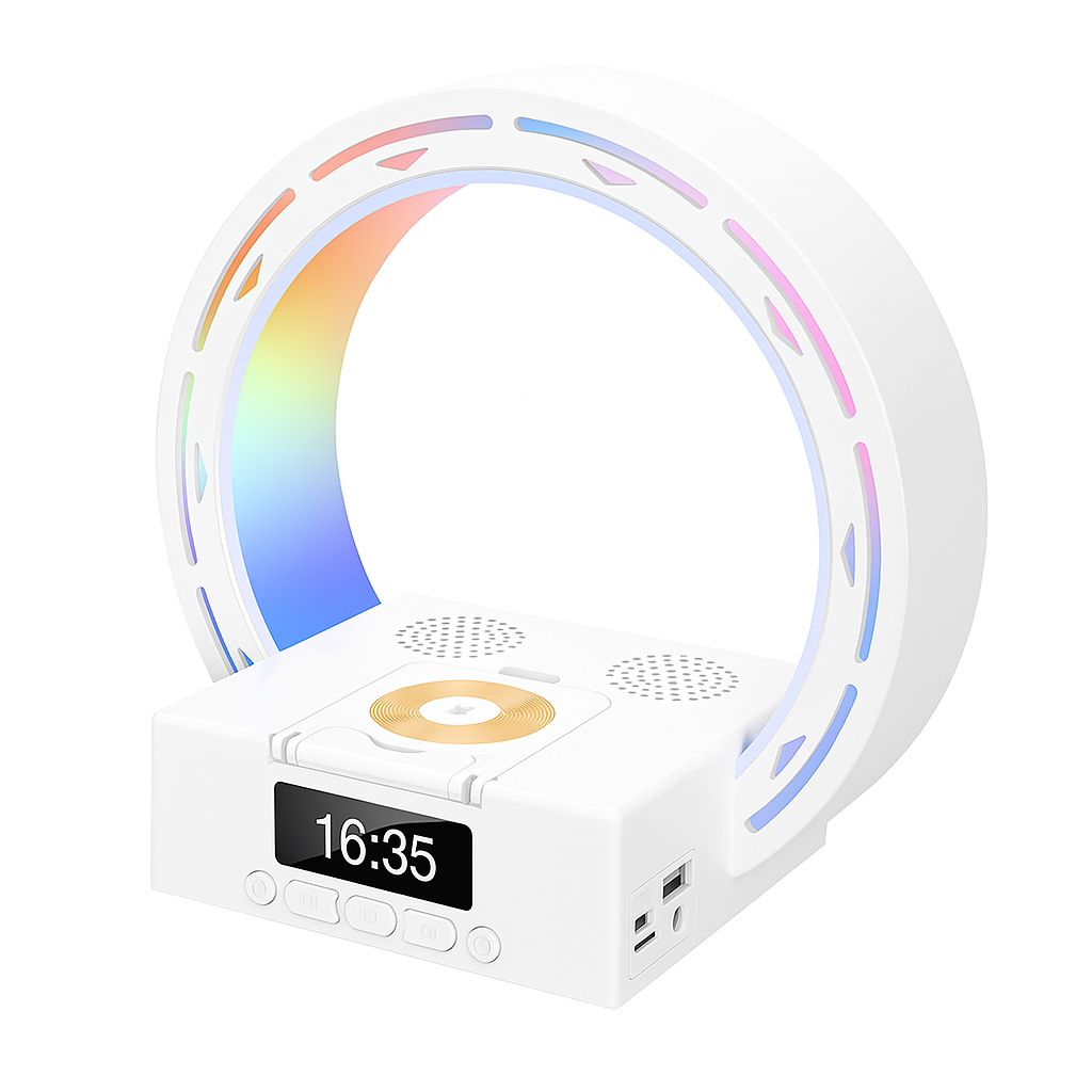 Réveil Lampe de Chevet LED Anneau RGB avec Chargeur Sans Fil et Radio FM