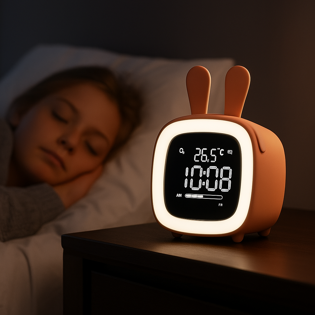 Réveil Lapin LED avec Oreilles Amovibles – Affichage Digital et Température