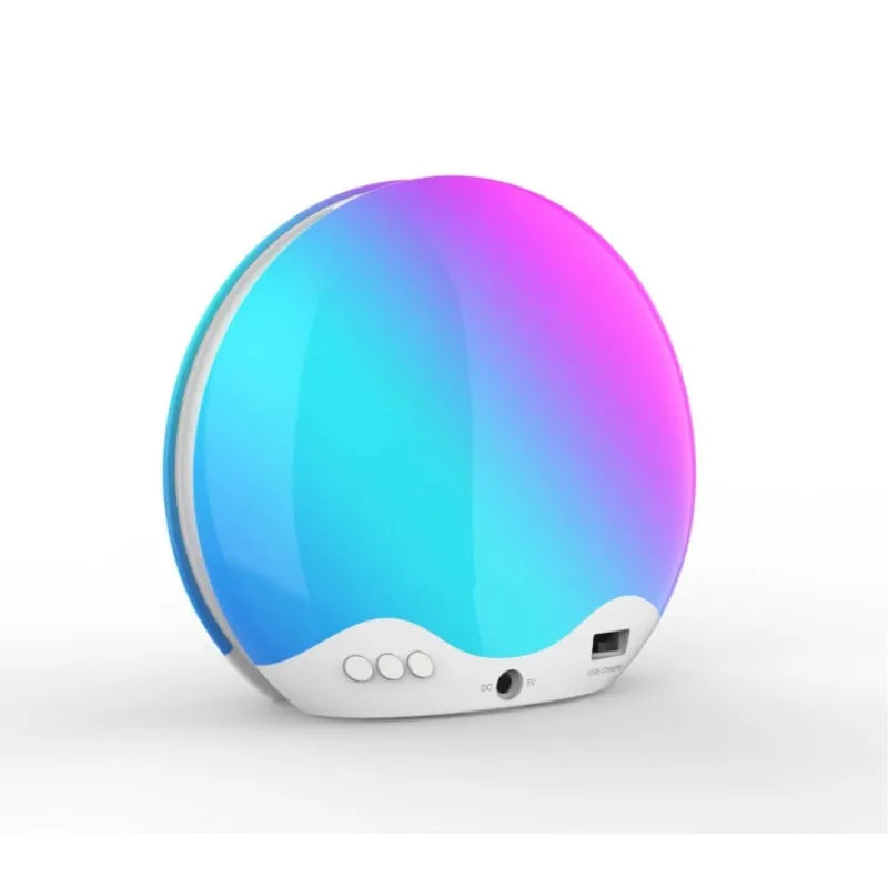  Réveil LED Aube Colorée en dégradé rose et bleu sur fond blanc, affichage digital lumineux.