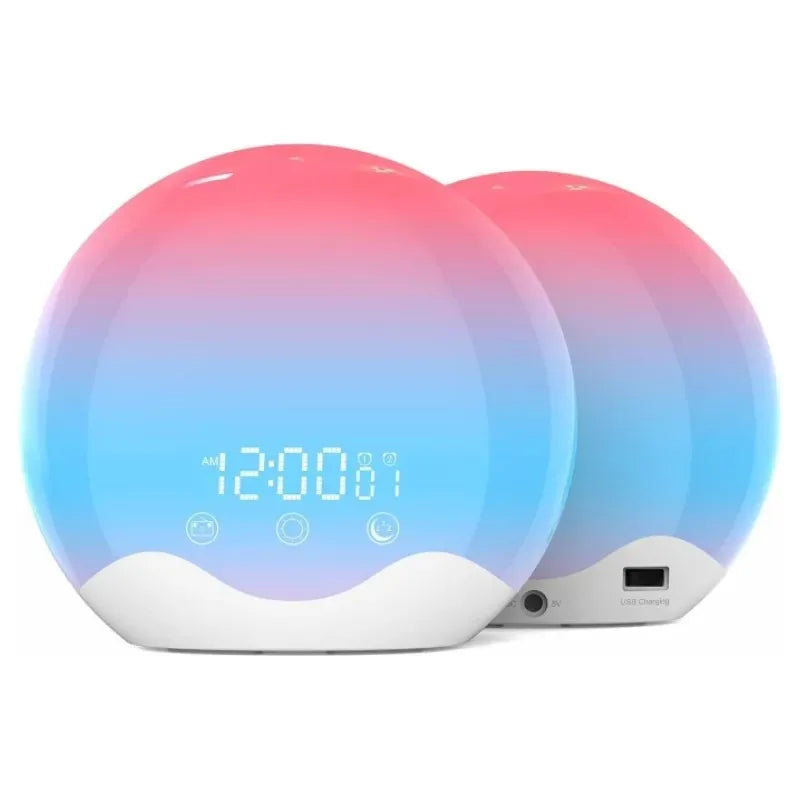 Réveil LED Aube Colorée Double Face rose et bleu avec ports USB, style futuriste et élégant.
