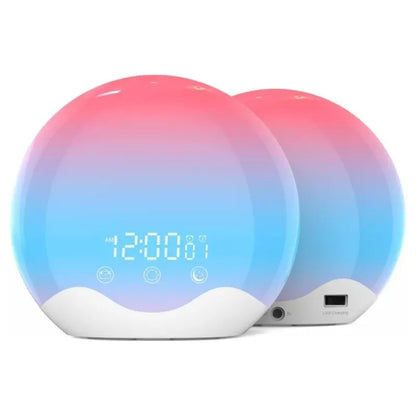 Réveil LED Aube Colorée Double Face rose et bleu avec ports USB, style futuriste et élégant.