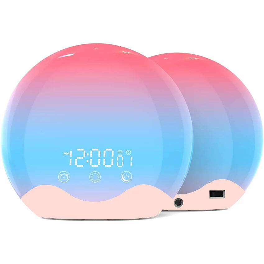 Réveil LED Aube Colorée bicolore bleu et rose, design moderne avec affichage numérique 12:00.