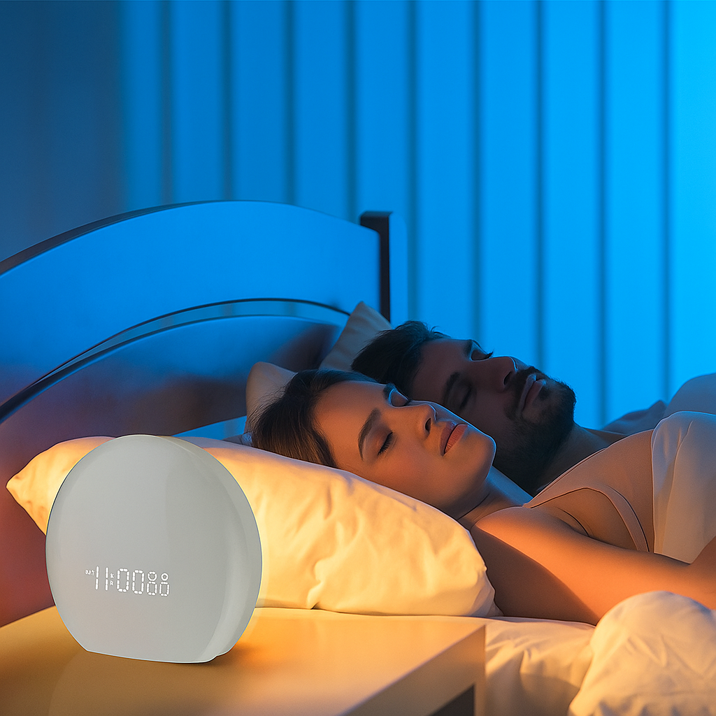 Réveil LED Aube Colorée blanc affichant l’heure numérique, ambiance douce et relaxante.