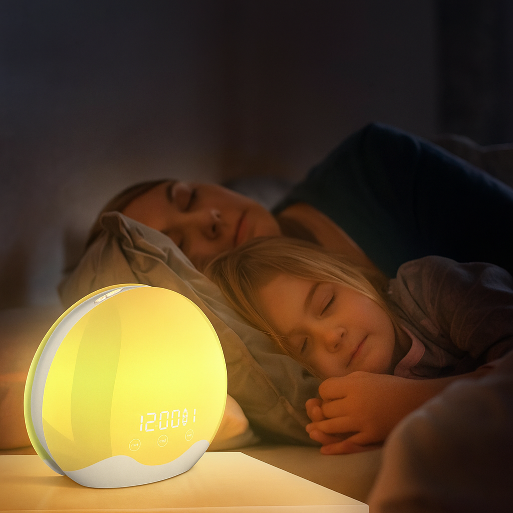Réveil LED Aube Colorée Double Face illuminant une chambre avec mère et enfant endormies.