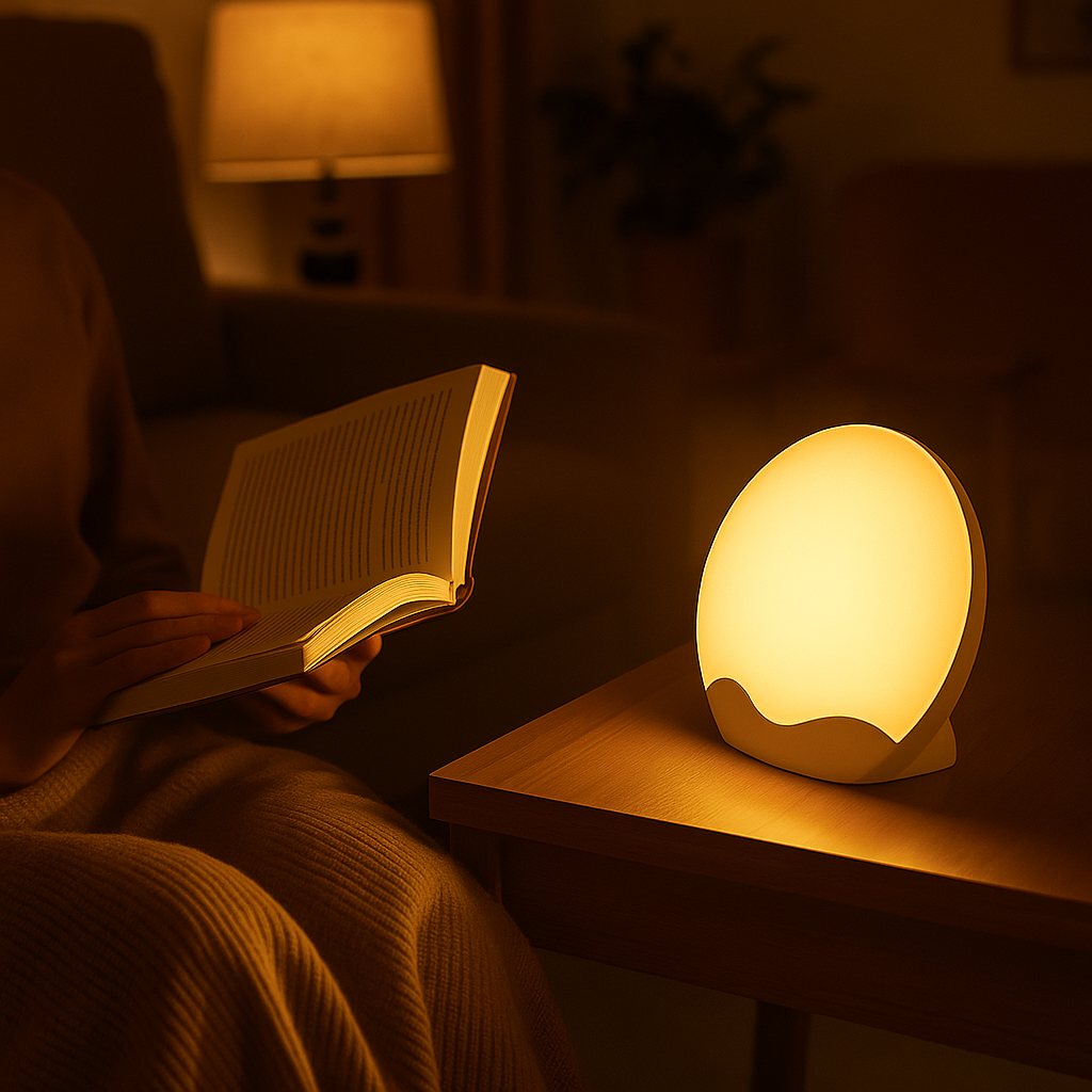  Réveil LED Aube Colorée utilisé comme lampe de lecture chaude et apaisante sur table de salon.
