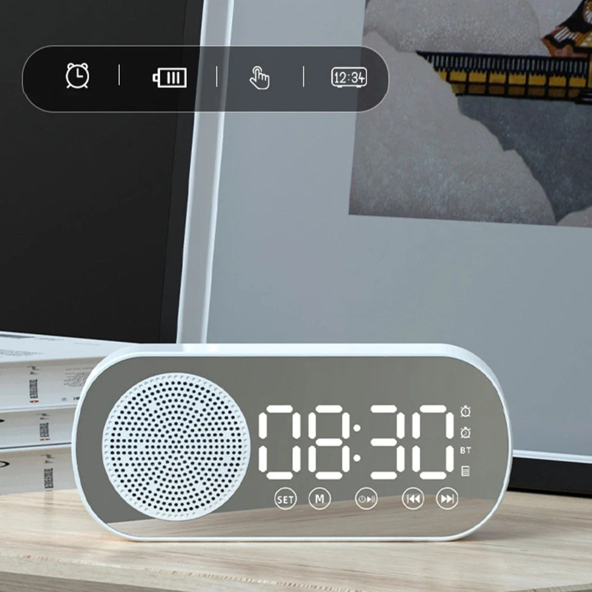 Réveil Multifonction Haut-Parleur Bluetooth avec Caisson de Basse et Assistant Vocal