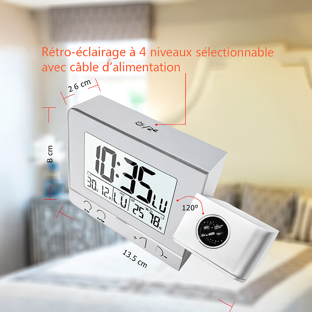 Réveil Projecteur Digital avec Température, Humidité et Port USB