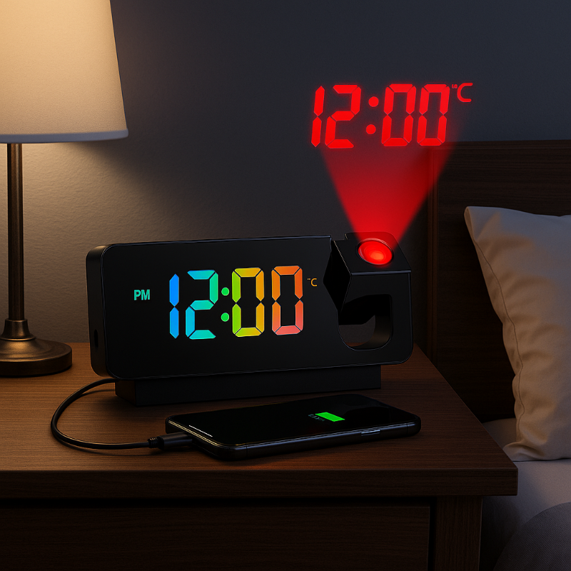 Réveil Projecteur avec Heure au Plafond, Double Alarme et Température