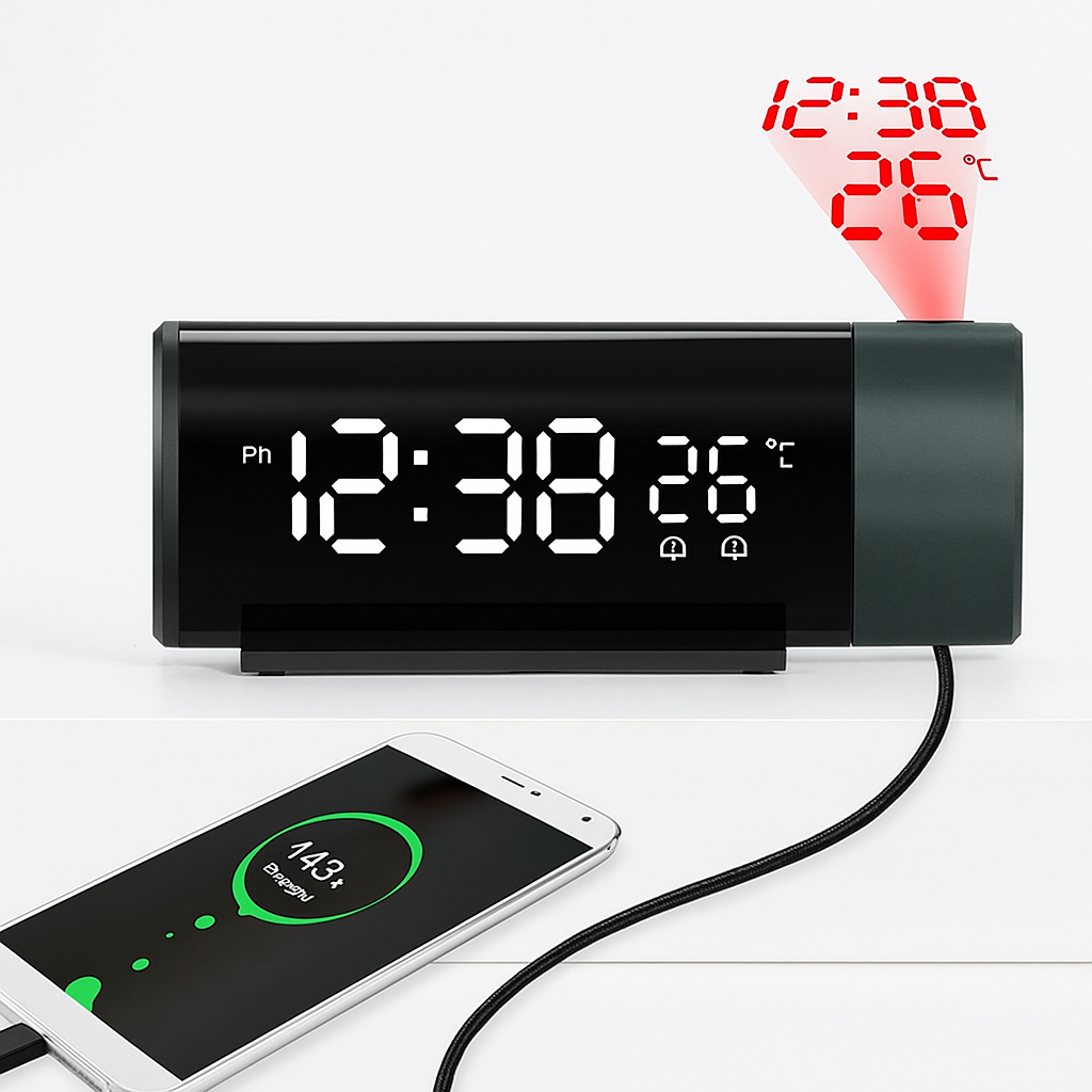 Réveil Projecteur avec Affichage LED et Double Alarme