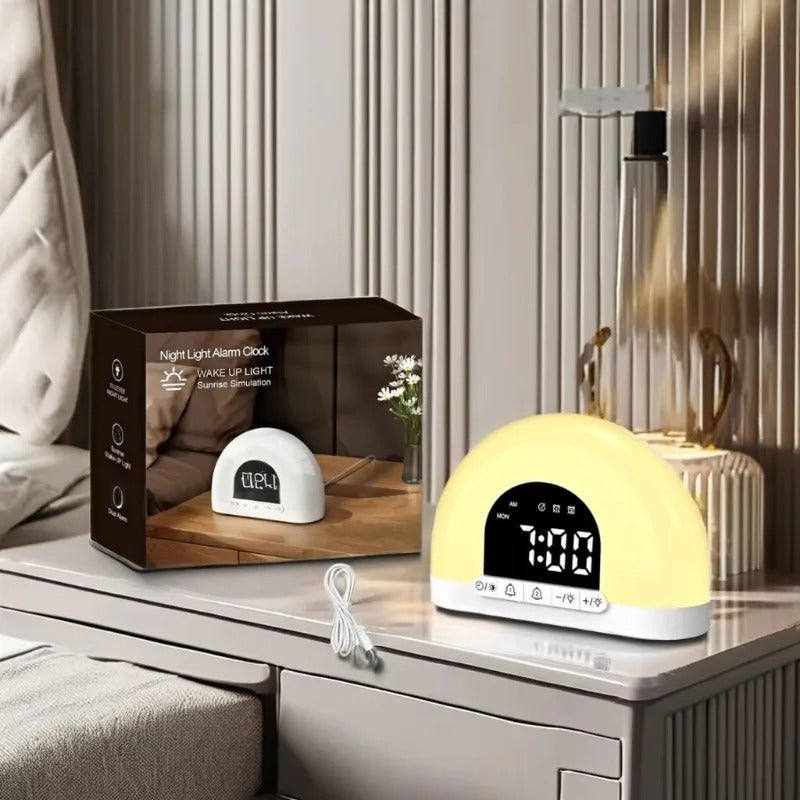 Réveil Simulateur d’Aube Digital sur table de nuit avec boîte d’emballage et câble USB blanc.