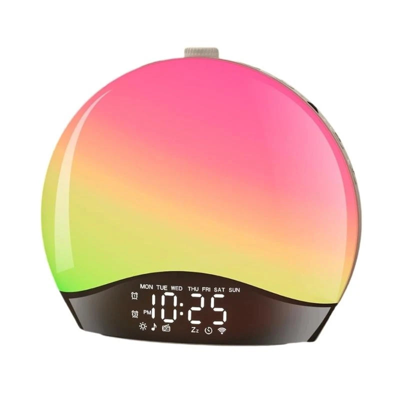 Réveil Simulateur d’Aube – Lever et Coucher de Soleil coloré, affichage numérique 10:25 sur fond blanc 