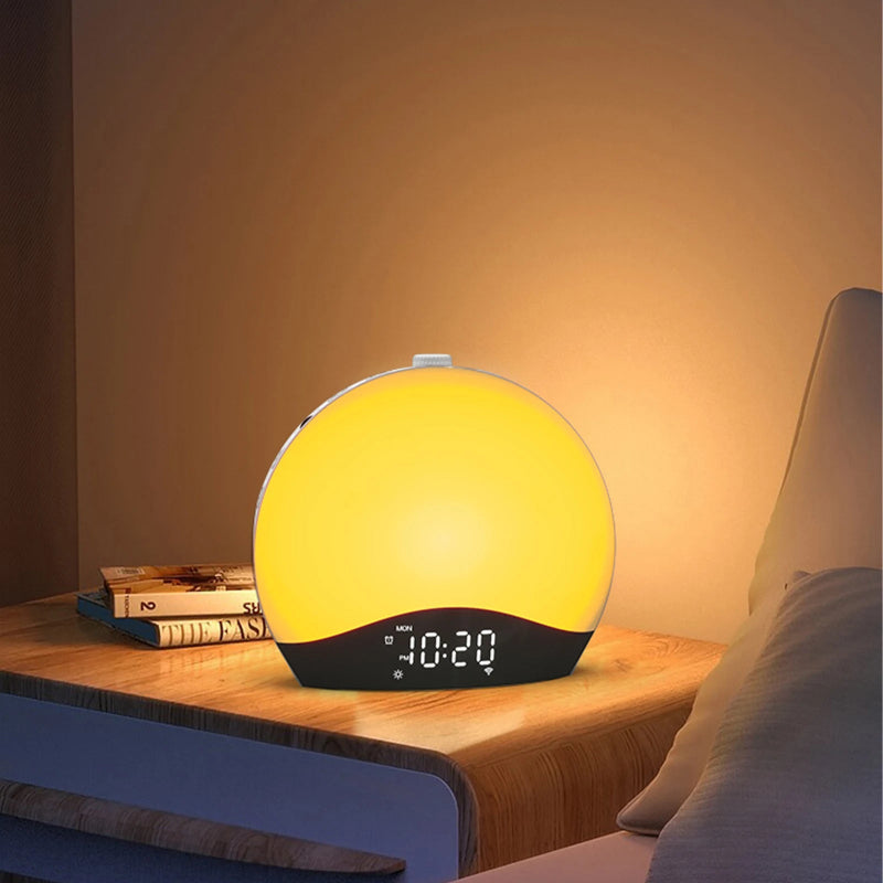 Réveil Simulateur d’Aube – Lever et Coucher de Soleil bleu et orange, lumière douce pour endormissement naturel.