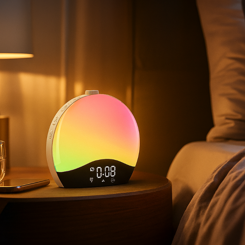 Réveil Simulateur d’Aube – Lever et Coucher de Soleil bleu et orange, lumière douce pour endormissement nature