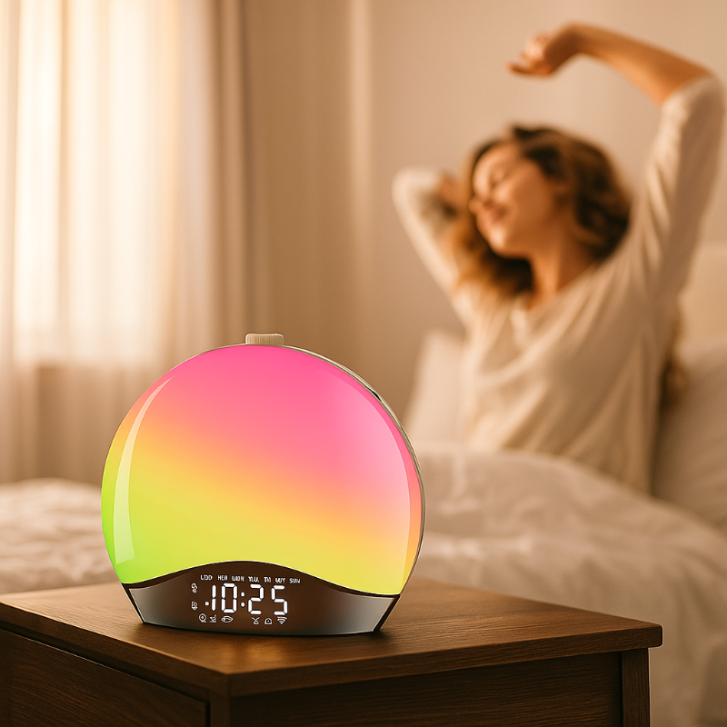 Réveil Simulateur d’Aube – Lever et Coucher de Soleil avec dégradé rose et vert, femme s’étirant au réveil.