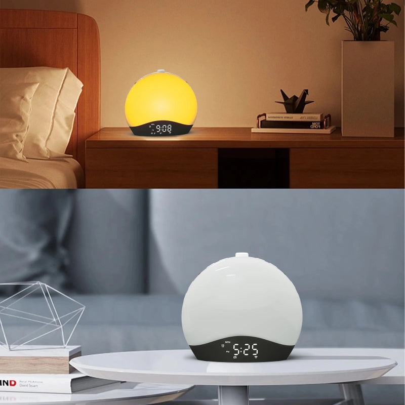 Réveil Simulateur d’Aube – Lever et Coucher de Soleil jaune et blanc sur table de nuit, ambiance chaleureuse.