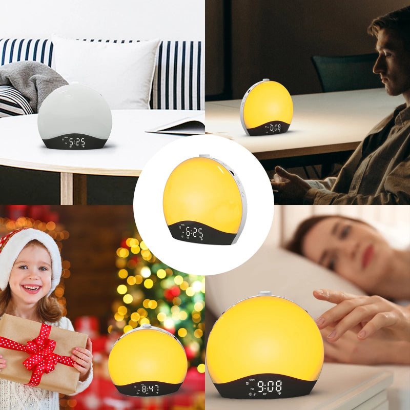 Réveil Simulateur d’Aube – Lever et Coucher de Soleil en plusieurs couleurs, utilisé par enfant et adulte au réveil.