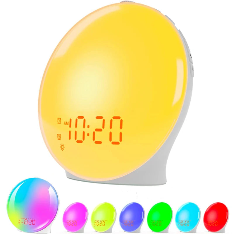  Réveil Simulateur d’Aube Lumineux sur table moderne, lumière multicolore et capteur tactile.